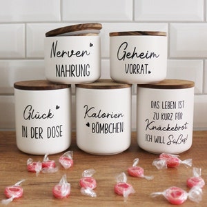 Ceramic storage jar with a wooden lid and your choice of writing