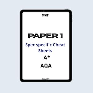 May include: A digital tablet displaying a white screen with black and blue text. The text reads: SWOT, PAPER 1, Spec specific Cheat Sheets, A*, and AQA. The tablet has a thin black frame and a sleek, rectangular design with rounded corners.