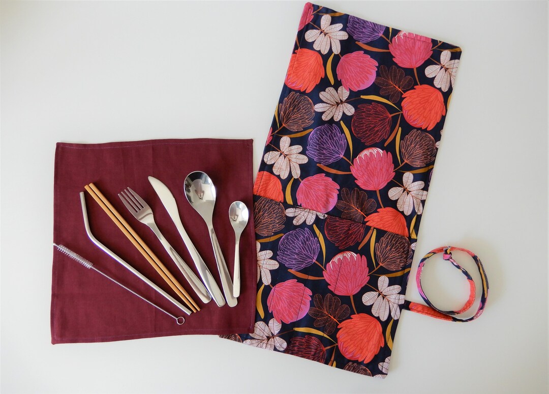 Handmade Cutlery Wrap Navy Floral Etsy