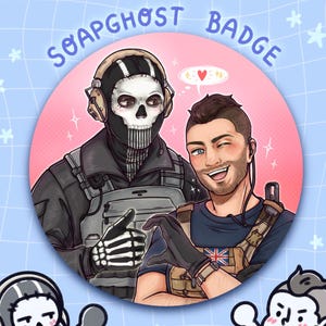May include: A round badge with two cartoon characters, one in a skull mask and the other winking. The badge has the text "SOAPGHOST BADGE" in blue. The background is light blue with white stars.