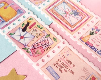 Happy Snail Mail | Stamp Washi Tape 25mmx10m  | Cute Stationery Art Journaling Scrapbook | Pink Kawaii Penpal Masking Tapes