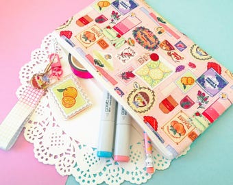 Fruit Themed Canvas Pouch | Kawaii Pencil Case with Acrylic Charm Keyring Accessory