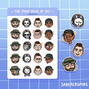 Puede incluir: Una hoja de pegatinas con el texto "THE MANY FACES OF 141" y el logotipo de Sabercosmos. La hoja presenta varias caras de dibujos animados con diferentes expresiones, algunas con sombreros y máscaras de calaveras. También hay varias pegatinas individuales.