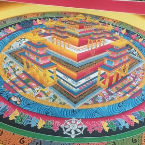 Dipinto autentico fatto a mano buddista tibetano Thangka Palace Mandala, 100 x 160 cm, carta di cotone