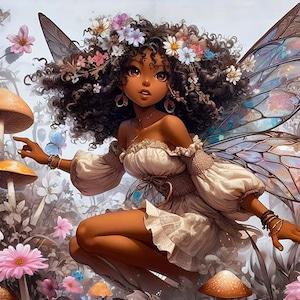 Fata afroamericana, clipart di fata, melanina magica, PNG, 600 DPI, stampe di fate, download digitale, disegni di fate, melanina magica, carina