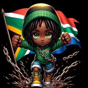May include: A cartoon illustration of a young person with dreadlocks wearing a green hoodie and blue shorts, standing in front of a South African flag. The person is holding a chain in each hand and is breaking free from the chains.