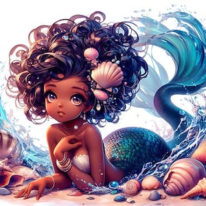 Mermaid Clipart, Afro Mermaids, African American Art, Ocean Queens, Melanin Mermaid, Mermaid Beauties, Digital Designs, Etsy Mermaid ClipArt