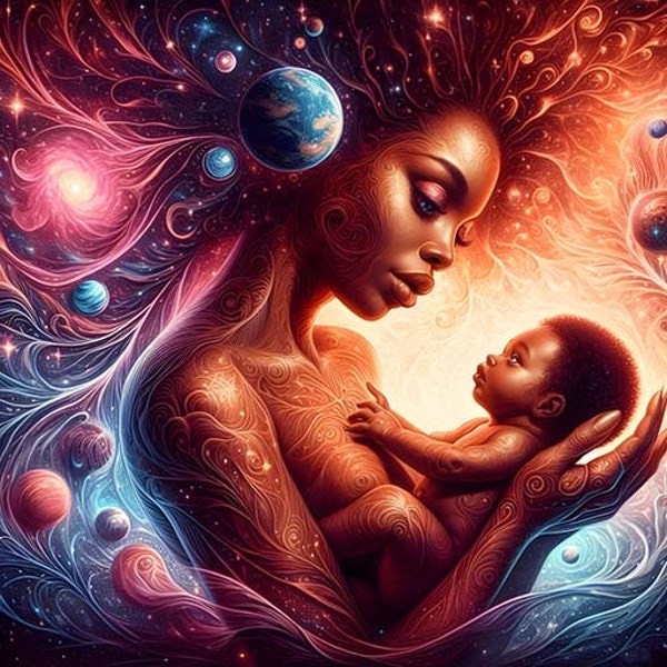 Celestial Being, Mother Baby, Universe, Ethereal, Otherworldly, African American art, Black Art, Unique Art, Digital Print, DIY, Birth, PNG