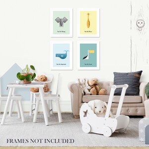 May include: Four framed prints with colorful animal illustrations and positive affirmations. The prints feature a blue whale, a grey elephant, a yellow giraffe, and a blue and orange toucan. The text on the prints reads "You are important", "You are strong", "You are brave", and "You are loved".