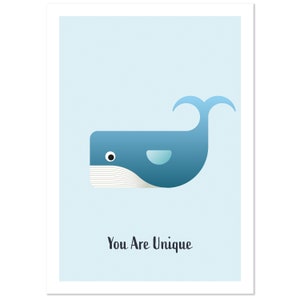 May include: A light blue whale with a white belly and a black eye is on a light blue background. The text "You Are Unique" is below the whale.