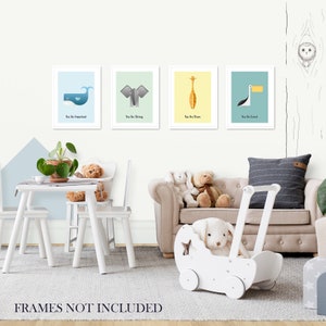 May include: Four framed prints with colorful backgrounds and illustrations of a whale, elephant, giraffe, and pelican. Each print has a positive affirmation, such as "You are important" and "You are loved".