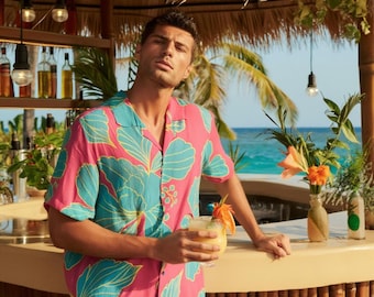 Men's Hawaiian Shirt With Button Closure | 115 GSM Cotton poplin Cyan Flowers