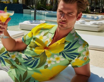Camicia hawaiana da uomo con chiusura a bottoni / Popeline di cotone 115GSM, fantasia floreale hawaiana gialla