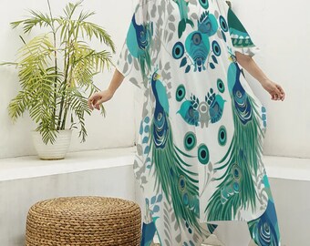 Silky V-neck Kaftan Dress Peacock Turquoise Feathers