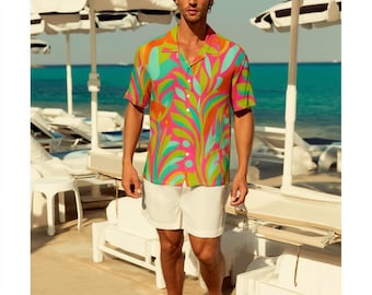 Men's Hawaiian Shirt With Button Closure |115 GSM Cotton poplin Orange Folk Florals