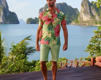 Camicia hawaiana da uomo con chiusura a bottoni / Popeline di cotone 115 g/m² con stampa floreale hawaiana rosa