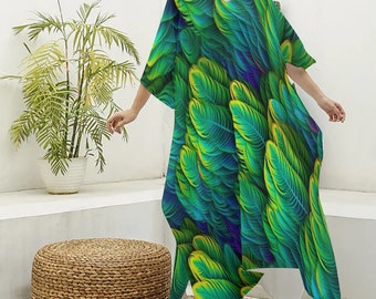 Silky V-neck Kaftan Dress Green Feather Dance