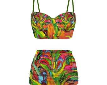 Women's High Waist Bikini Suspender Two Piece Swimsuit African Tree Collection