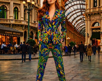 Women's Blazer Jacket Lapel Open Front-Yami Satin 210 GSM Cyan Feather Carnavali