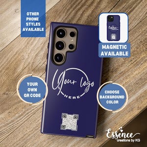 May include: A blue phone case with a white circle that says "Your Logo Here" and a QR code. The case is magnetic and has a camera cutout. Other phone styles are available.