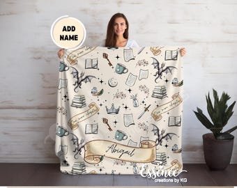 Custom Name Fantasy Book Blanket: Dragon Medieval Booktok Gift