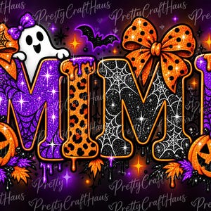 Könnte beinhalten: Ein Grafikdesign mit dem Wort MIMI in großen, stilisierten Buchstaben mit violetten, orangefarbenen Leopardenmustern und schwarzen Spinnennetzmustern. Das Design enthält zwei weiße Geister, zwei orangefarbene Kürbisse und orange-violette Schleifen.