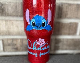 stitch glitter tumbler, Ohana means family, personalized tumbler