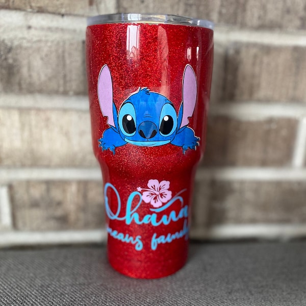 stitch glitter tumbler, Ohana means family, personalized tumbler