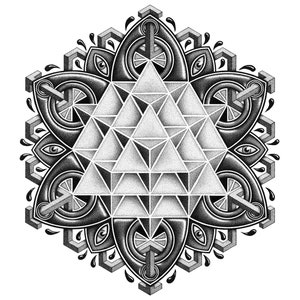 May include: Black and white geometric illustration featuring a central pyramid composed of triangles, surrounded by a symmetrical design with eye-like shapes and stylized elements. The artwork is detailed with a stippling technique.