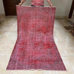 Red color overdyed oriental pattern vintage area rug 3x6, Low pile distressed old handmade turkish carpet for kitchen room design, LE063