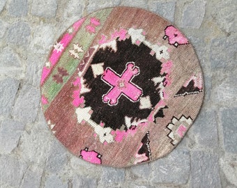 Circle rug, Handmade rug, Vintage rug, Bath mat, Floor mat, Small rug, Turkish rug, Boho rug, Oushak rug, Door mat rug,AY1732 - 1.11 ft