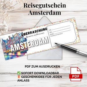 アムステルダム旅行券 – 印刷用 PDF テンプレート |オランダ市内旅行のデジタルバウチャー、直前のギフトアイデア