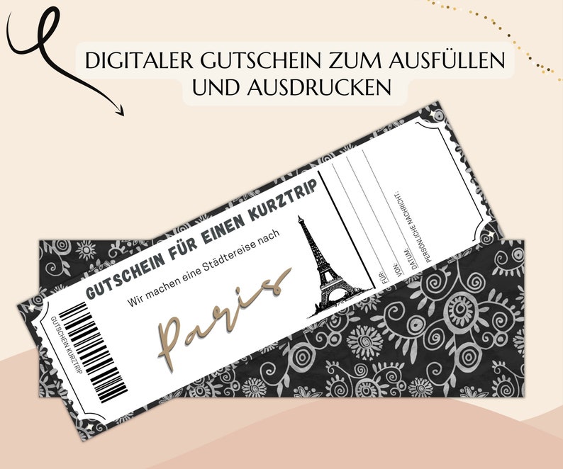 Gutschein Kurztrip Paris Vorlage zum Ausdrucken PDF Download Geburtstag Geschenk Personalisiert Städtereise Städtetrip JSK018 zdjęcie 6