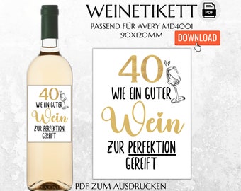 40e anniversaire | Étiquette de bouteille imprimable | Cadeau d’anniversaire d’étiquette de vin | Téléchargement instantané | Cadeau de dernière minute | FLE004