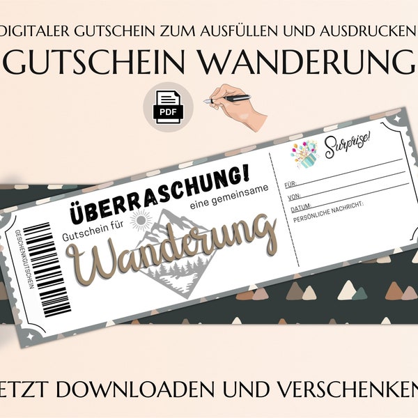 Gutschein Wandern Vorlage zum Ausdrucken | Gutscheinkarte für Wanderung | Geschenkidee für Wanderfreunde | JSK092