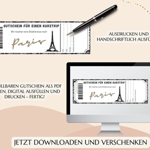 Gutschein Kurztrip Paris Vorlage zum Ausdrucken PDF Download Geburtstag Geschenk Personalisiert Städtereise Städtetrip JSK018 image 2