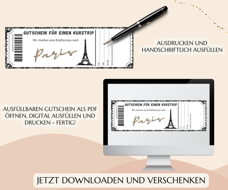 Gutschein Kurztrip Paris Vorlage zum Ausdrucken PDF Download Geburtstag Geschenk Personalisiert Städtereise Städtetrip JSK018 image 2