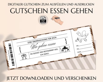 Gutschein Essen gehen | Gutscheinvorlage zum Ausdrucken | Restaurant Gutscheinkarte | PDF Download | Essensgutschein | JSK047