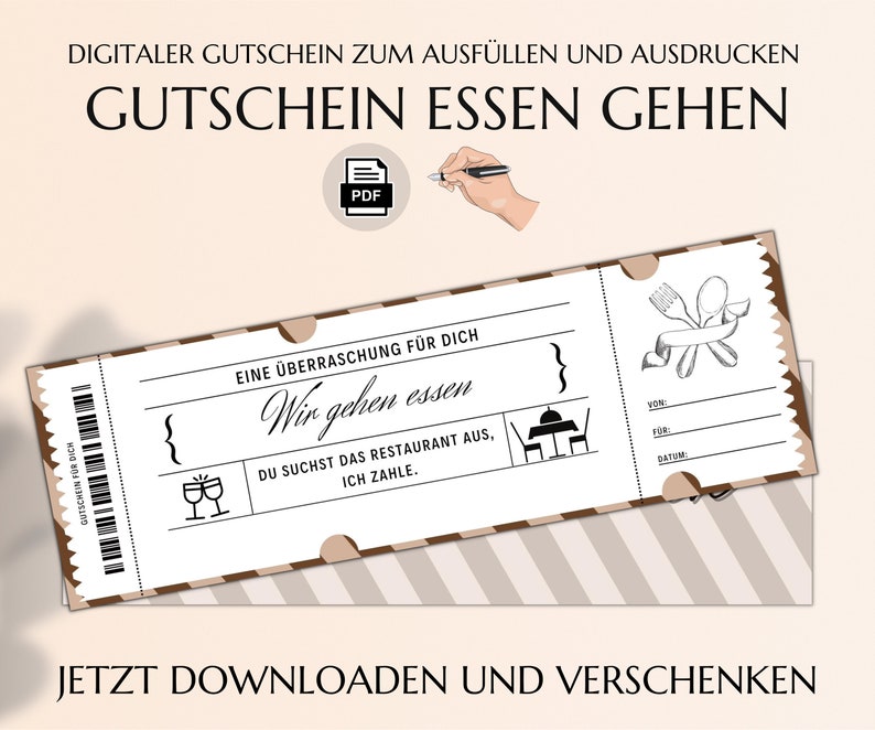 Gutschein Essen gehen Gutscheinvorlage zum Ausdrucken Restaurant Gutscheinkarte PDF Download Essensgutschein JSK047 image 1