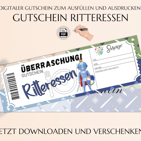 Gutschein Ritteressen | Restaurant Gutscheine zum Ausdrucken| Essen gehen Einladung | Essensgutschein | Erlebnisgutschein JSK179