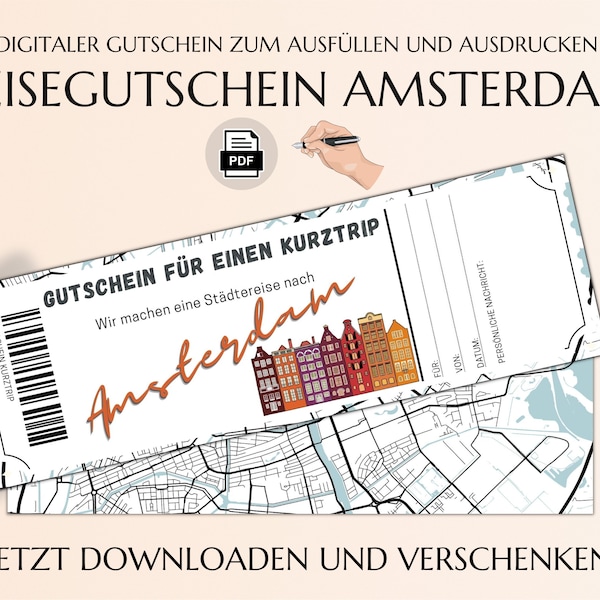 Gutschein Kurztrip Amsterdam | Vorlage zum Ausdrucken | PDF Download | Geburtstag Geschenk | Personalisiert | Städtereise Städtetrip JSK020