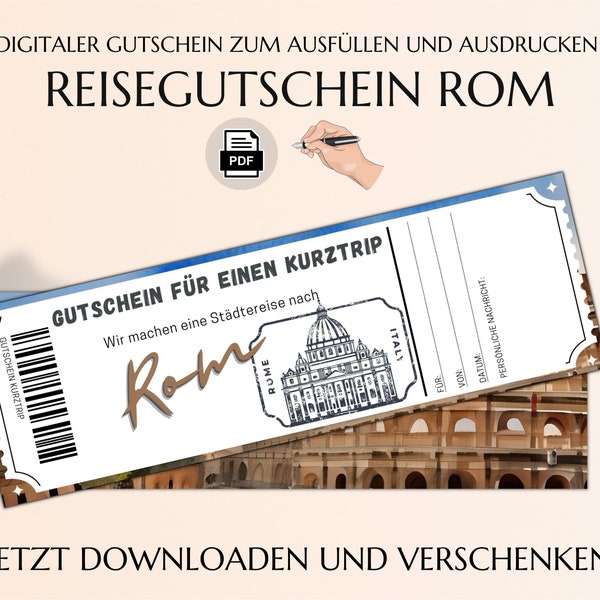 Reisegutschein Rom  | Vorlage zum Ausdrucken | PDF Download | Geschenk | Personalisiert | Kurztrip Städtetrip Italien JSK024