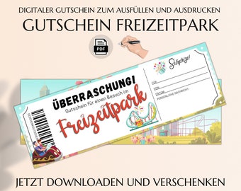 Freizeitpark Gutschein Vorlage zum Ausdrucken | Freizeitparkbesuch | Geschenkgutschein für einen Ausflug | JSK089