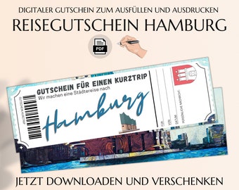 Reisegutschein Hamburg  | Vorlage zum Ausdrucken | PDF Download | Geburtstag Geschenk | Personalisiert | Städtereise Städtetrip JSK026 |