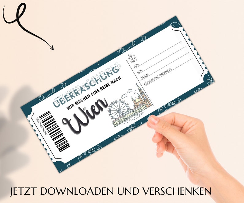 Gutschein Städtereise Wien Vorlage zum Ausdrucken inkl. Umschlag PDF Download Geburtstag Geschenk Kurztrip Städtetrip JSK075 zdjęcie 7