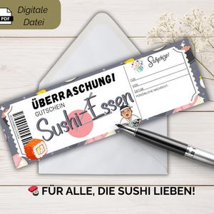 Sushi Essen Gutschein PDF Vorlage | Geschenkidee für Sushi Fans | Gutschein zum Ausdrucken | Japanisches Essen Geschenk | Digitaler Download