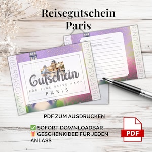 パリ旅行券 – 印刷用 PDF テンプレート |フランス旅行のギフトアイデア - カップル、ガールフレンド、恋人へのロマンチックなサプライズ