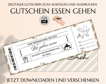 Gutschein Essen gehen | Gutscheinvorlage zum Ausdrucken | Restaurant Gutscheinkarte | PDF Download | Essensgutschein | JSK048