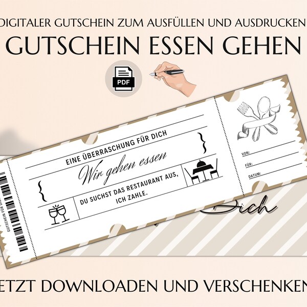 Gutschein Essen gehen | Gutscheinvorlage zum Ausdrucken | Restaurant Gutscheinkarte | PDF Download | Essensgutschein | JSK048