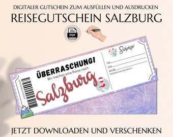 Reisegutschein Salzburg Gutschein Vorlage zum Ausdrucken |  Kurztrip Geschenkgutschein | Gutscheinkarte gemeinsame Zeit | JSK083